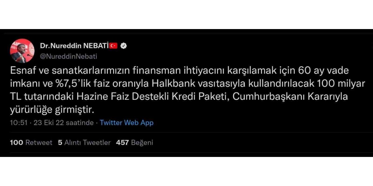 Bakan Nebati: “100 milyar liralık Hazine Faiz Destekli Kredi Paketi yürürlüğe girmiştir”