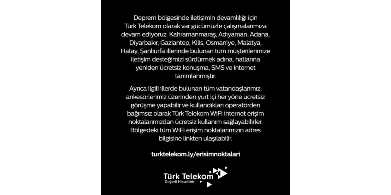 Türk Telekom’dan deprem bölgelerindeki ücretsiz iletişime ilişkin açıklama