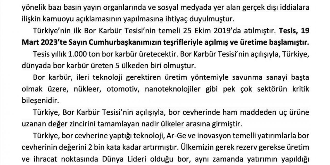 Eti Maden: “Bor Karbür Tesisinde üretim yok iddiası doğru değildir”