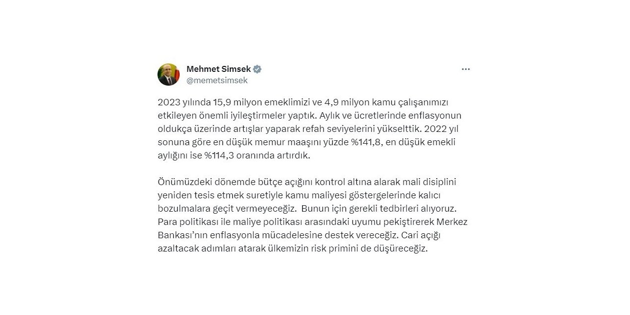 Bakan Şimşek: “Mali disiplini yeniden tesis etmek suretiyle kamu maliyesi göstergelerinde kalıcı bozulmalara geçit vermeyeceğiz”