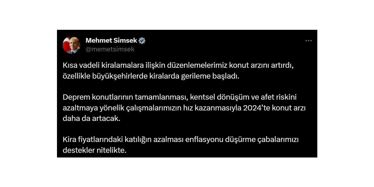 Bakan Şimşek: “Kira fiyatlarının azalması enflasyonu düşürme çabalarımızı destekliyor”