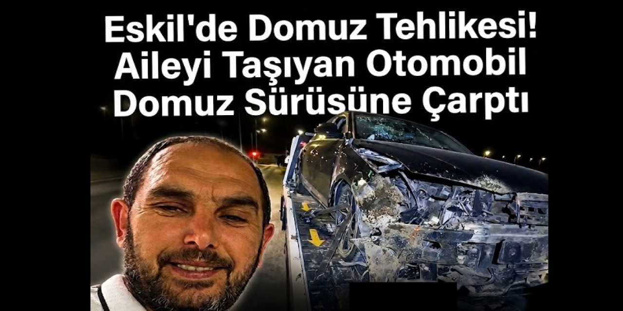 Eskil'de Domuz Tehlikesi! Aileyi Taşıyan Otomobil Domuz Sürüsüne Çarptı
