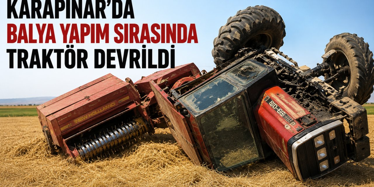 Karapınar'da Balya Yaparken Traktör Devrildi: Sürücü Son Anda Kurtuldu