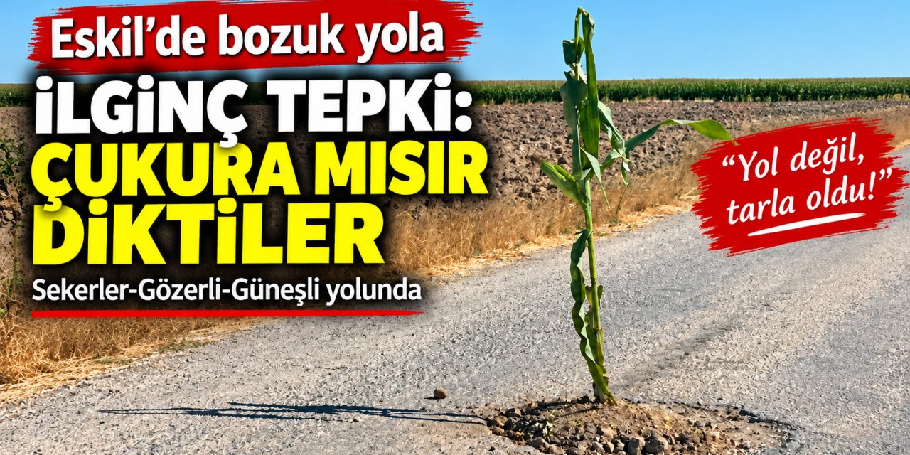 Eskil’de Bozuk Yola İlginç Tepki: Çukurun İçine Mısır Diktiler