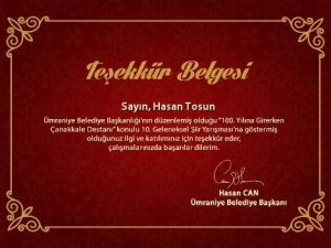 Eskilli Şair Hasan Tosun’a Teşekkür Belgesi