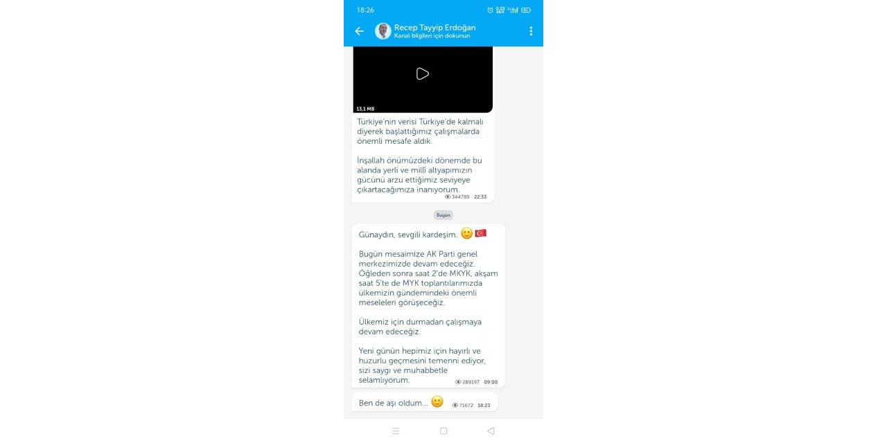 Cumhurbaşkanı Recep Tayyip Erdoğan, Telegram ve Bip üzerinden, "Ben de aşı oldum" paylaşımı yaptı.