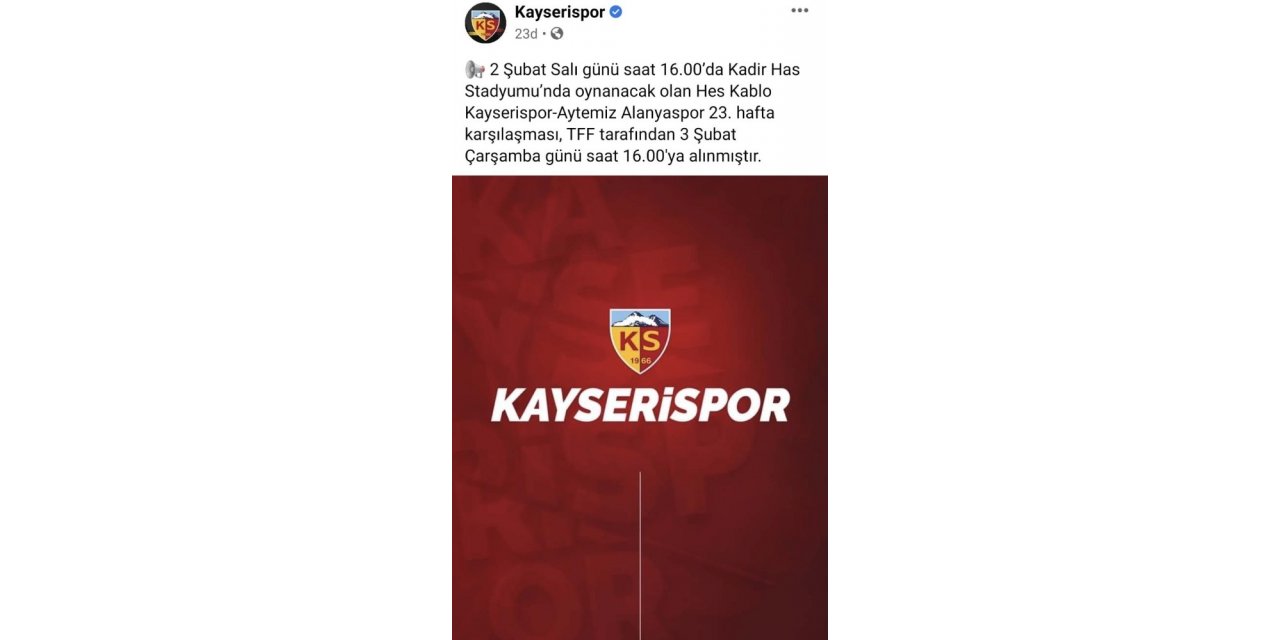 Hes Kablo Kayserispor - Aytemiz Alanyaspor maçı ertelendi