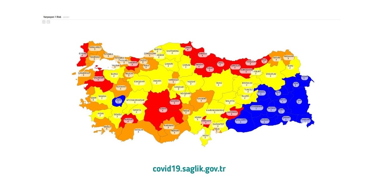 Sağlık Bakanı Koca: “İllerimiz risk değerlendirme kriterlerine göre 4 kategoriye ayrıldı. Düşük riskli (mavi), orta riskli (sarı), yüksek riskli (turuncu) ve çok yüksek riskli (kırmızı) olarak kategoriler belirlendi. Buna gö