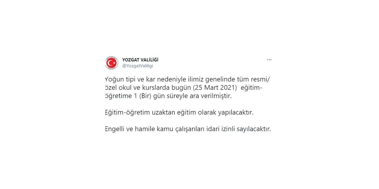 Yozgat’ta eğitime kar tatili