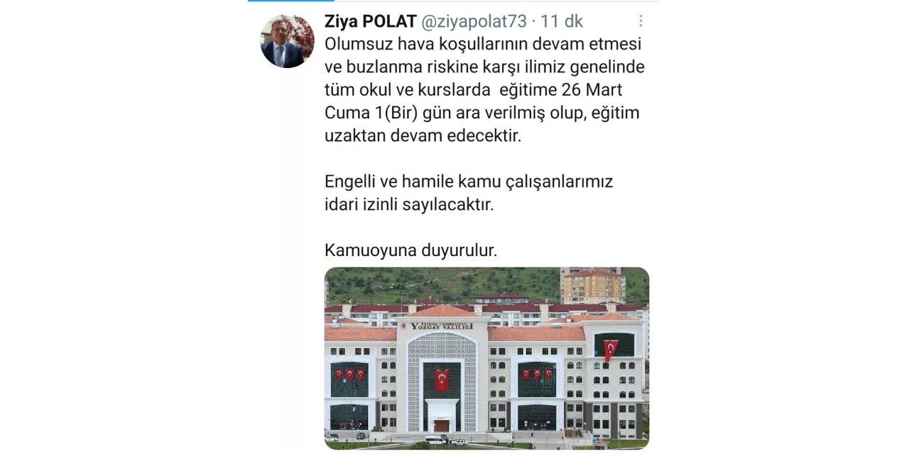 Yozgat’ta eğitime kar tatili