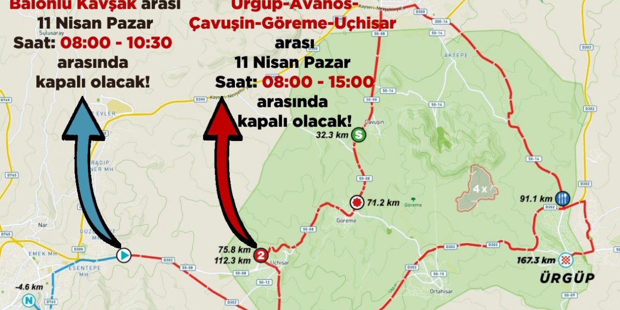 Nevşehir’de Cumartesi ve Pazar günü bazı yollar trafiğe kapalı olacak