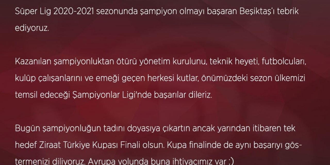 Sivasspor Beşiktaş’ı tebrik etti!