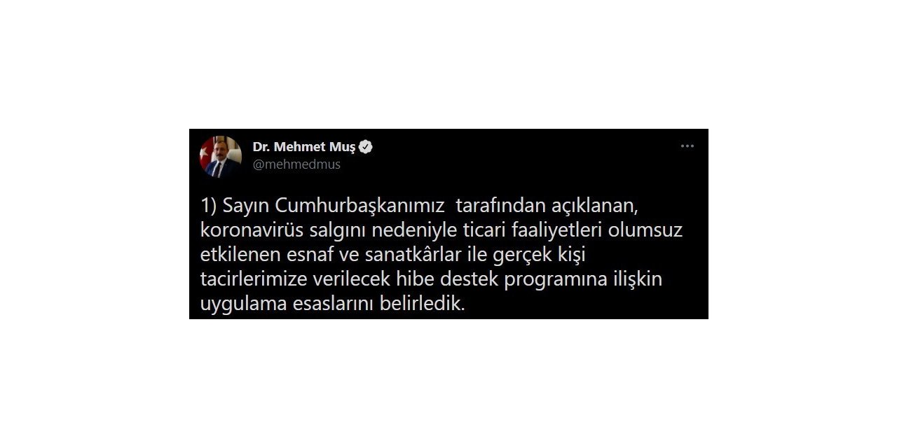 Bakan Muş esnaf destek başvurularının 25 Mayıs’ta başlayacağını duyurdu