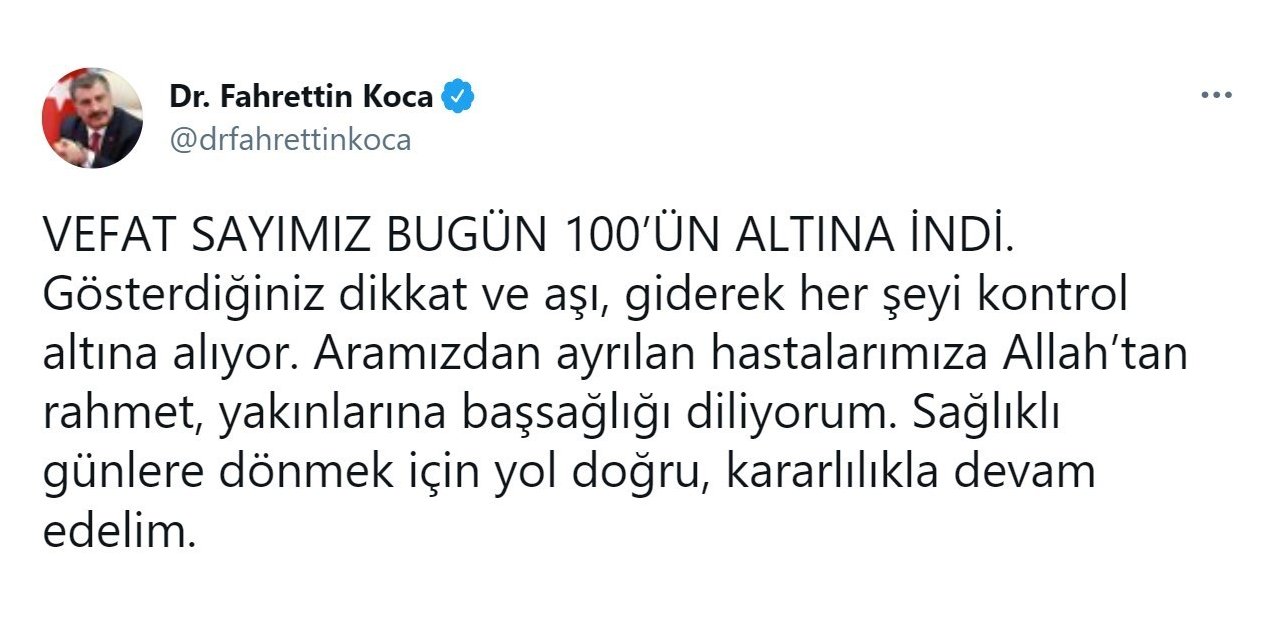 Bakan Koca: "Vefat sayımız bugün 100’ün altına indi"