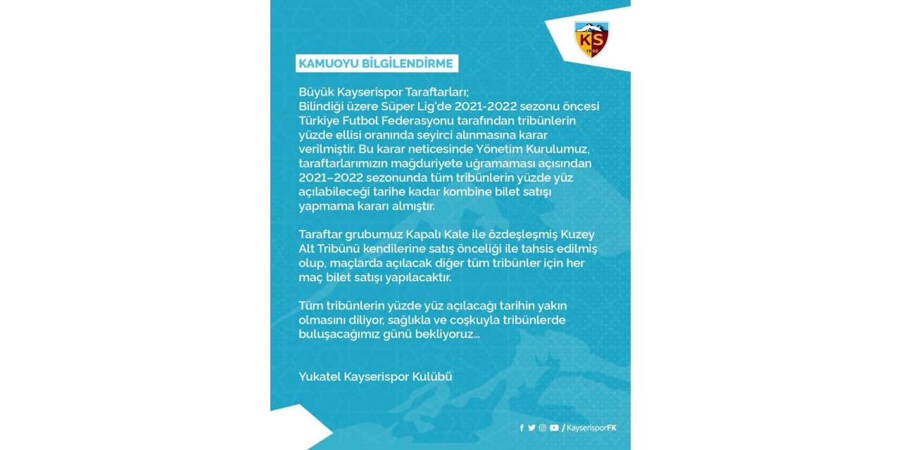 Kayserispor yeni sezonda kombine bilet satışı yapmayacak