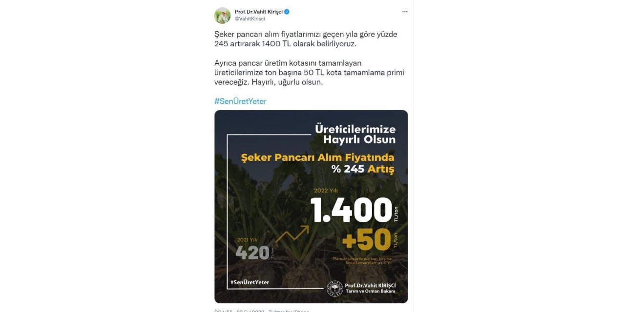 Bakan Kirişci: “Şeker pancarı alım fiyatlarımızı geçen yıla göre yüzde 245 artırarak bin 400 TL olarak belirliyoruz”